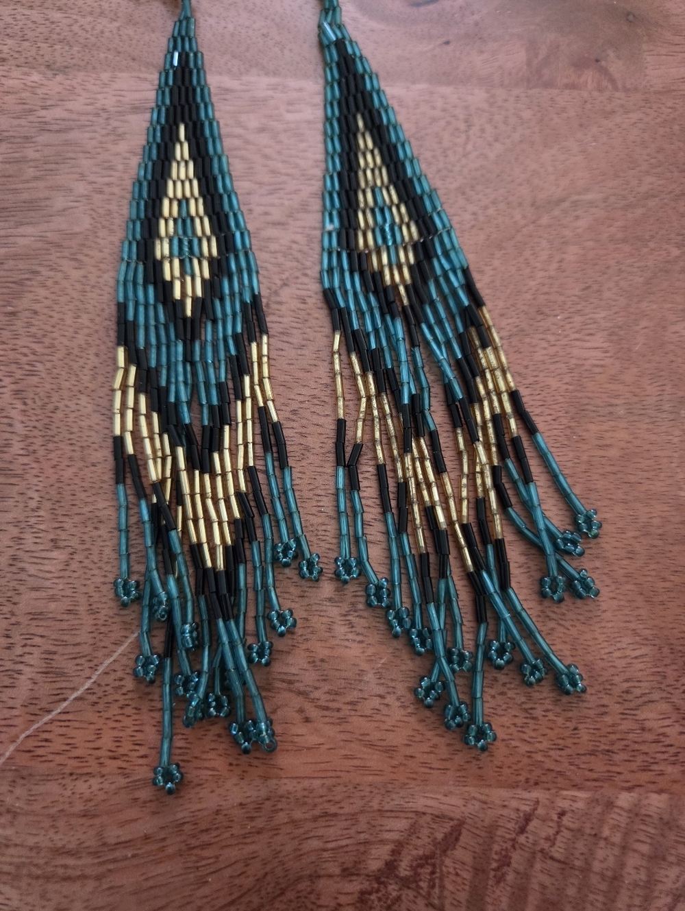 Western Teal Gold Black beaded fringe earrings Boho Rodeo Festival Cowgirl - Picture 2 of 6